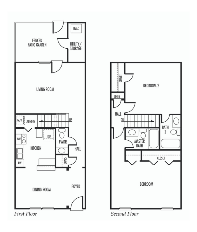Floor plan of a 2 bed, 2.5 bath townhome